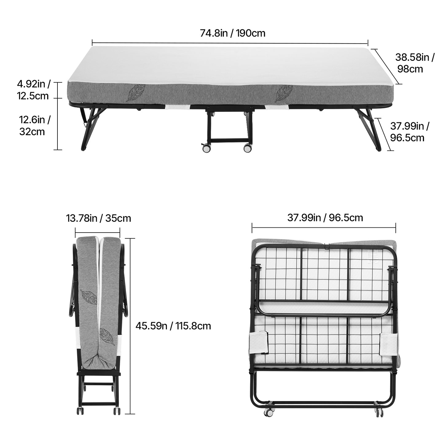 Black Metal Rollaway Bed - Twin Size Folding Bed with Mattress for Bedroom