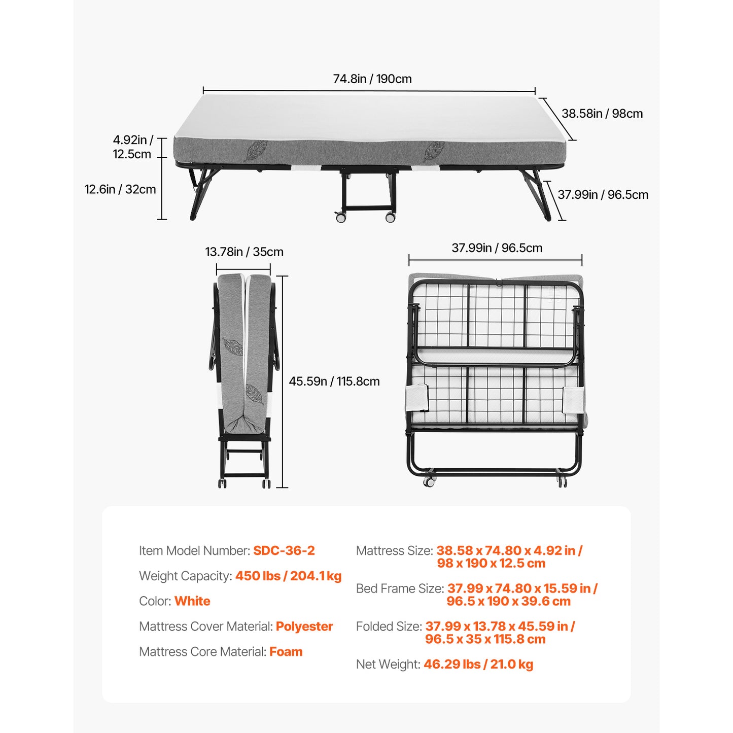 Black Metal Rollaway Bed - Twin Size Folding Bed with Mattress for Bedroom