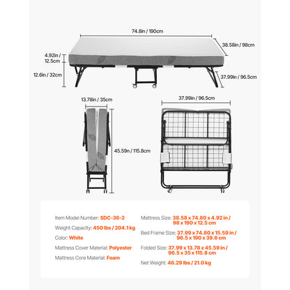 Black Metal Rollaway Bed - Twin Size Folding Bed with Mattress for Bedroom