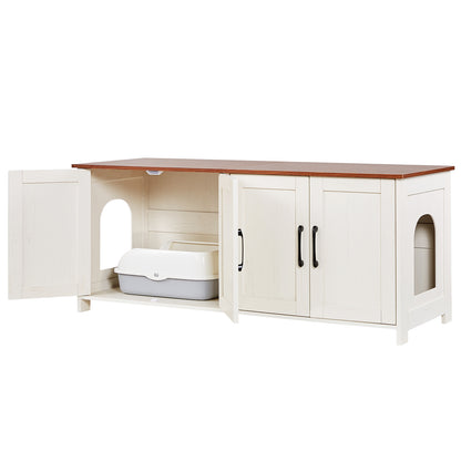 Cat Litter Box Enclosure for Multi Cats, 47.2 in Hidden Litter Box Cabinet with 4 Doors & 2 Entries, Indoor Cat Washroom, Wooden Kitty House Furniture, Fit Most Litterboxes, Brown & White