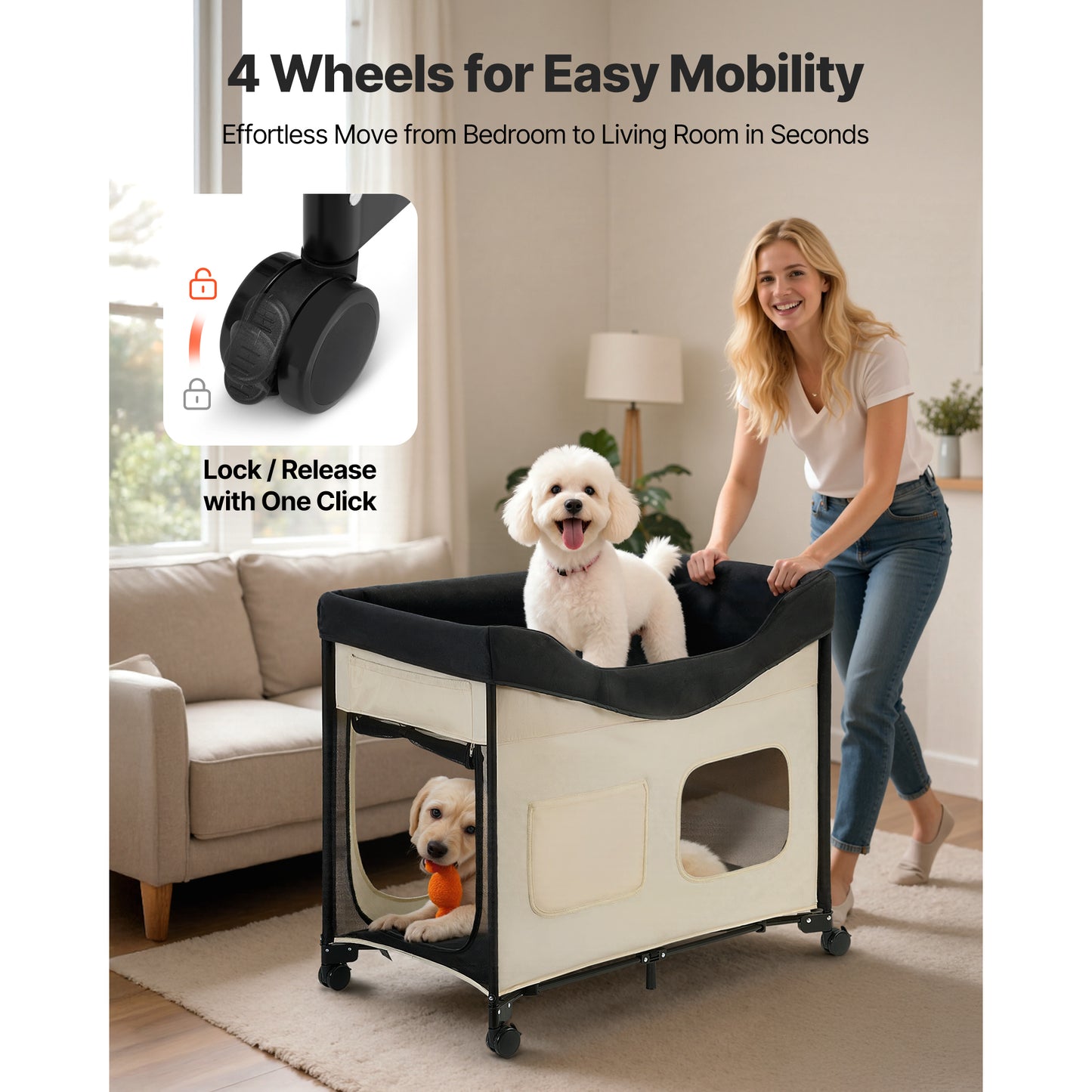 Large Beige Oxford Fabric Dog Bed with Wheels & Storage