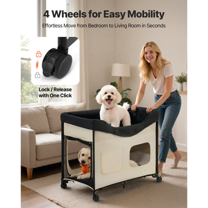 Large Beige Oxford Fabric Dog Bed with Wheels & Storage