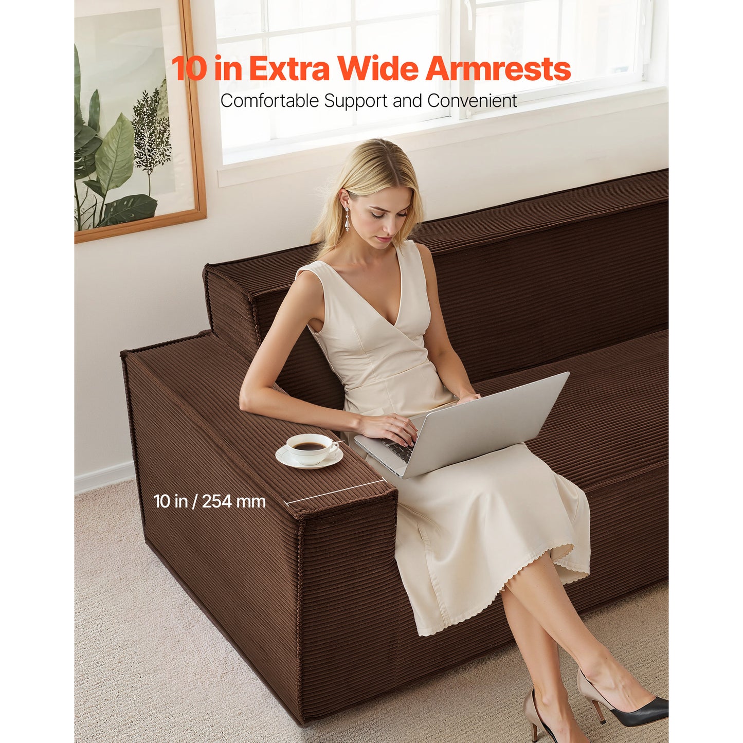 83 Inch Brown Corduroy Sofa - 3 Seat Couch with Foam & Spring for Living Room