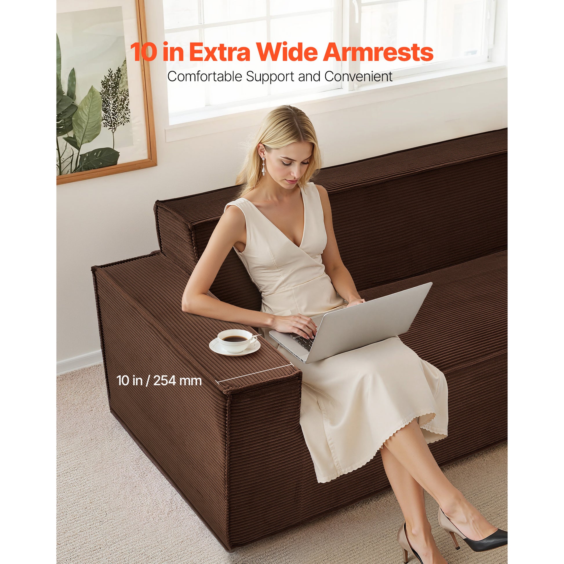 83 Inch Brown Corduroy Sofa - 3 Seat Couch with Foam & Spring for Living Room