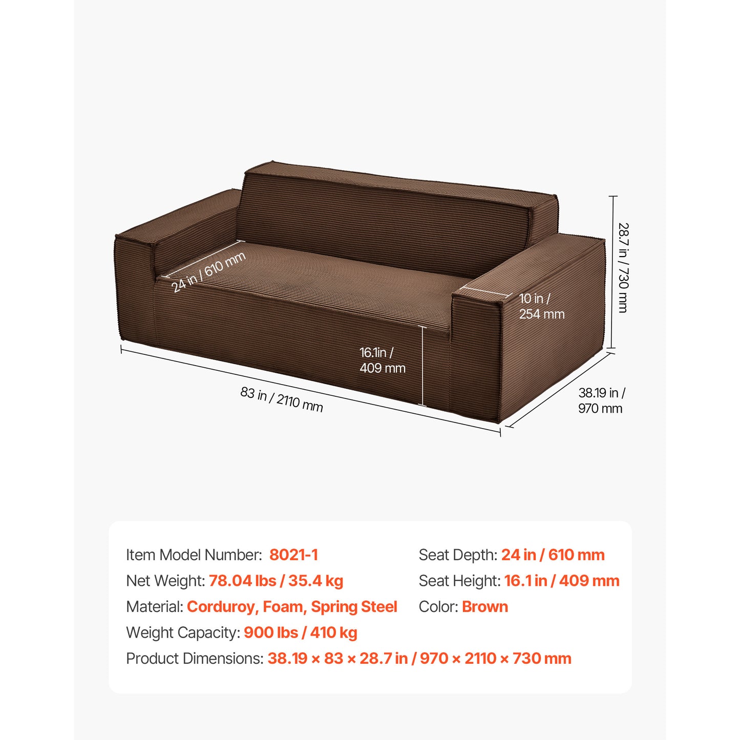 83 Inch Brown Corduroy Sofa - 3 Seat Couch with Foam & Spring for Living Room