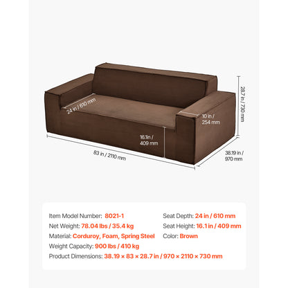 83 Inch Brown Corduroy Sofa - 3 Seat Couch with Foam & Spring for Living Room