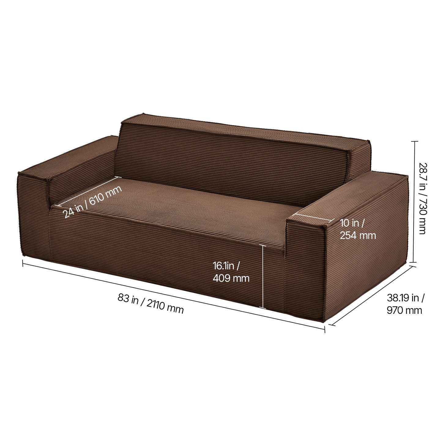 83 Inch Brown Corduroy Sofa - 3 Seat Couch with Foam & Spring for Living Room