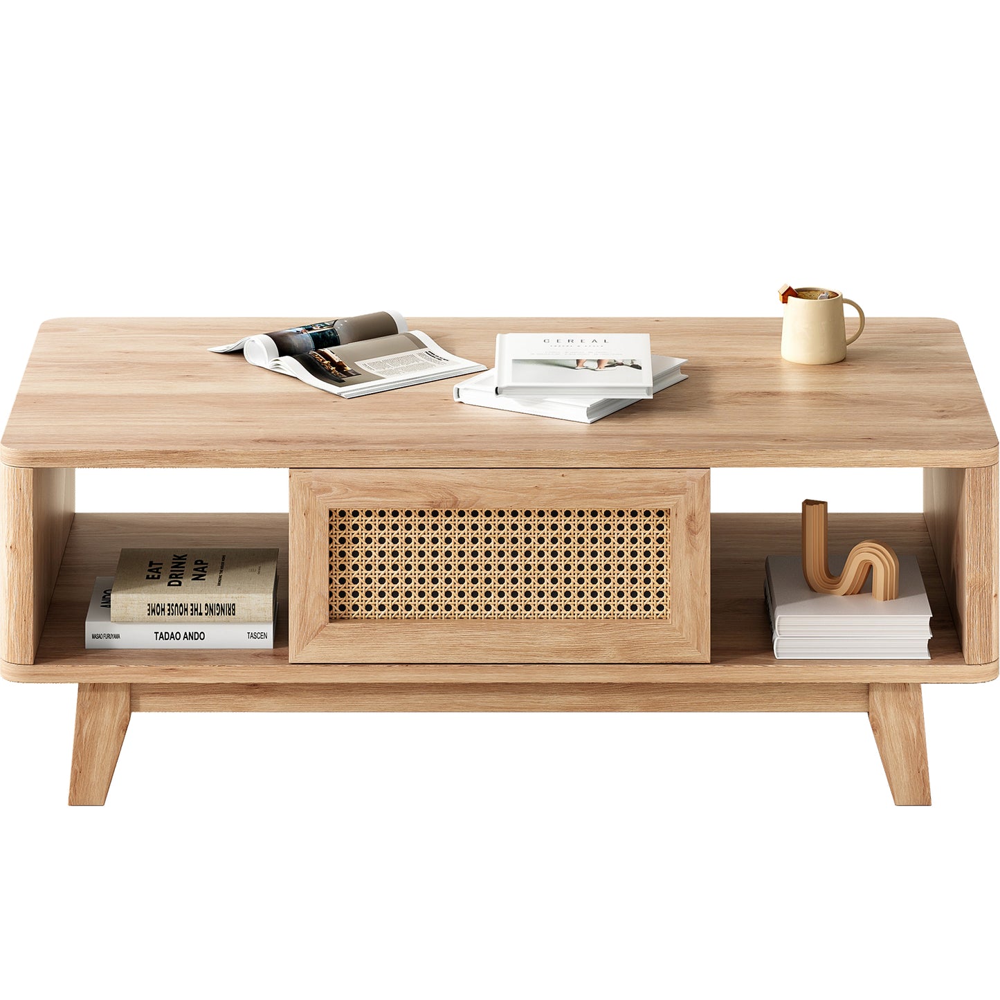 Coffee Table, Mid Century Living Room Tables with Storage, Modern Square with Rattan Drawer, Wooden Living Room Table with Solid Wood Leg