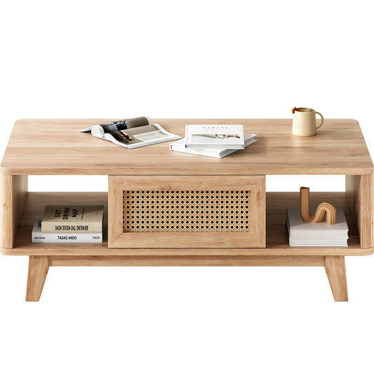 Coffee Table, Mid Century Living Room Tables with Storage, Modern Square with Rattan Drawer, Wooden Living Room Table with Solid Wood Leg