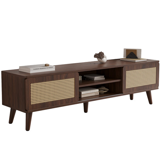 75" Rattan TV Stand, Wood TV Stand with Storage, Mid Century Modern TV Stands for Living Room, Boho Media Console, Entertainment Center with Cable Management