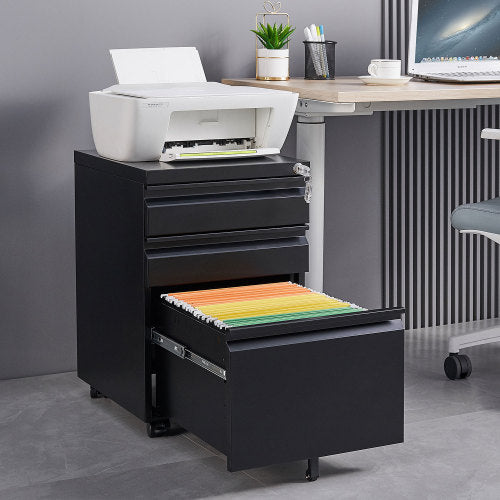 3-Drawer Mobile File Cabinet with Lock, 5 Wheels (2 Brakes + Anti-Tip),Cold Rolled Steel Fully Assembled Metal Filing Cabinet with Pen Tray & Hanging Bar for Home Office, Fits Letter/Legal/A4 Files