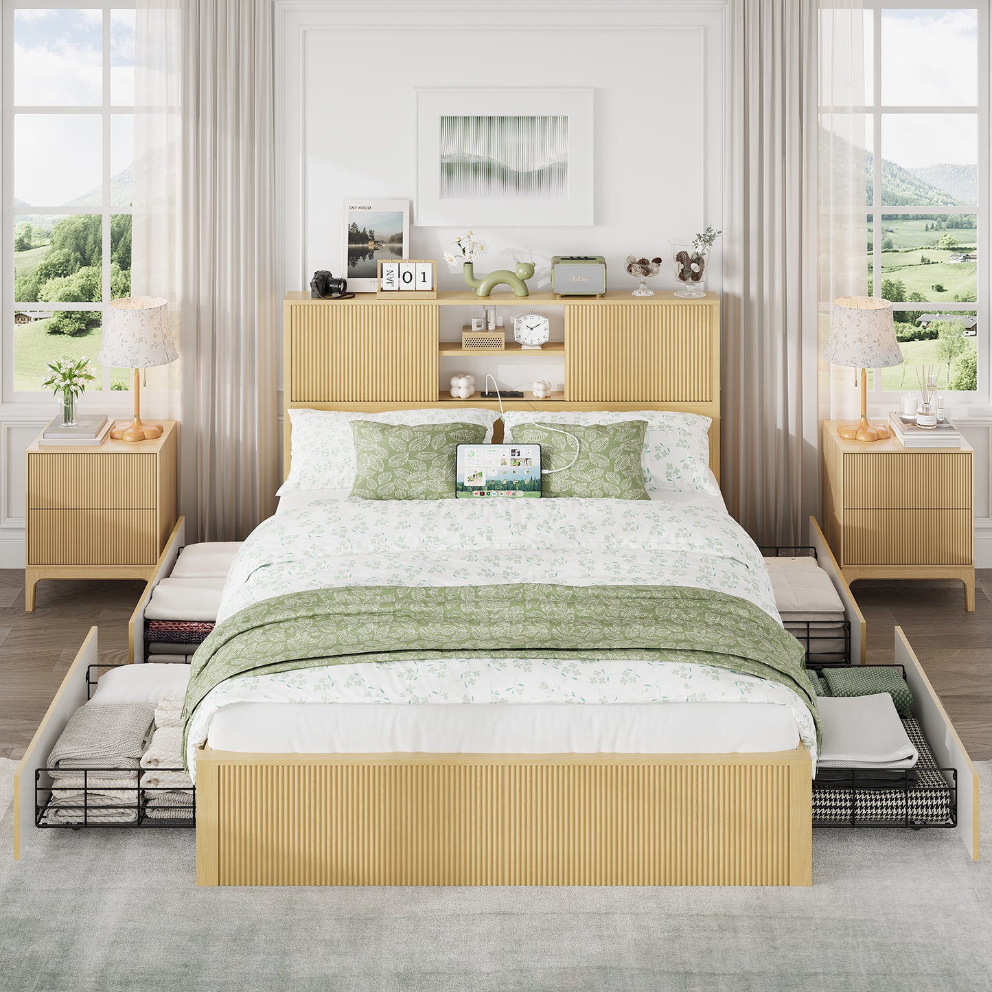 Queen Size Bed Frames with 4 Storage Drawers & 2-Tier Storage Headboards & Built-in USB Ports & Power Outlets, Metal Bed Frames Nox Box Spring Needed, Oak