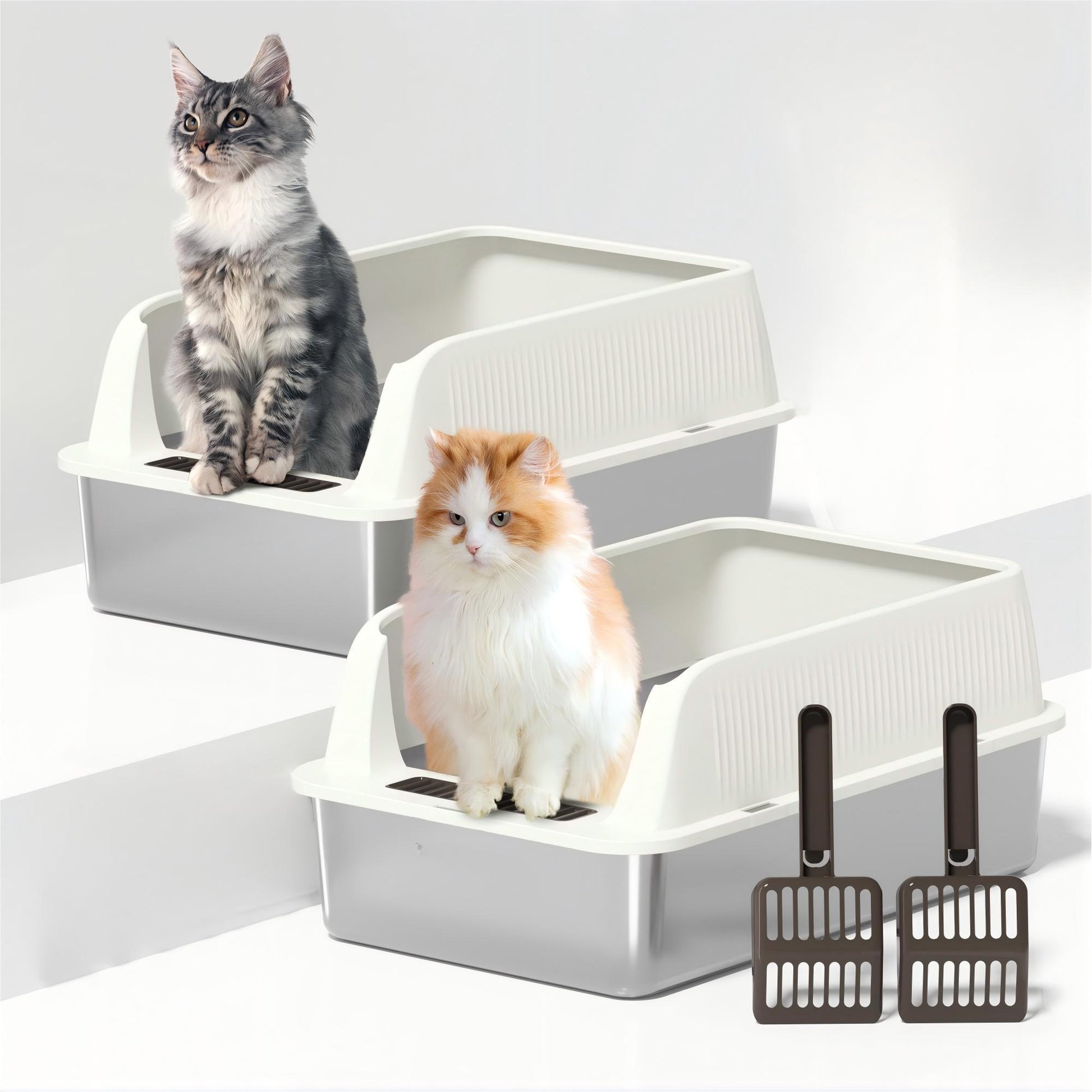 DVPETS Stainless Steel Cat Litter Box with High Sides Lid, Extra Large XL for Big Cats,Open Top Metal Kitty Ivory White (2 Pack)