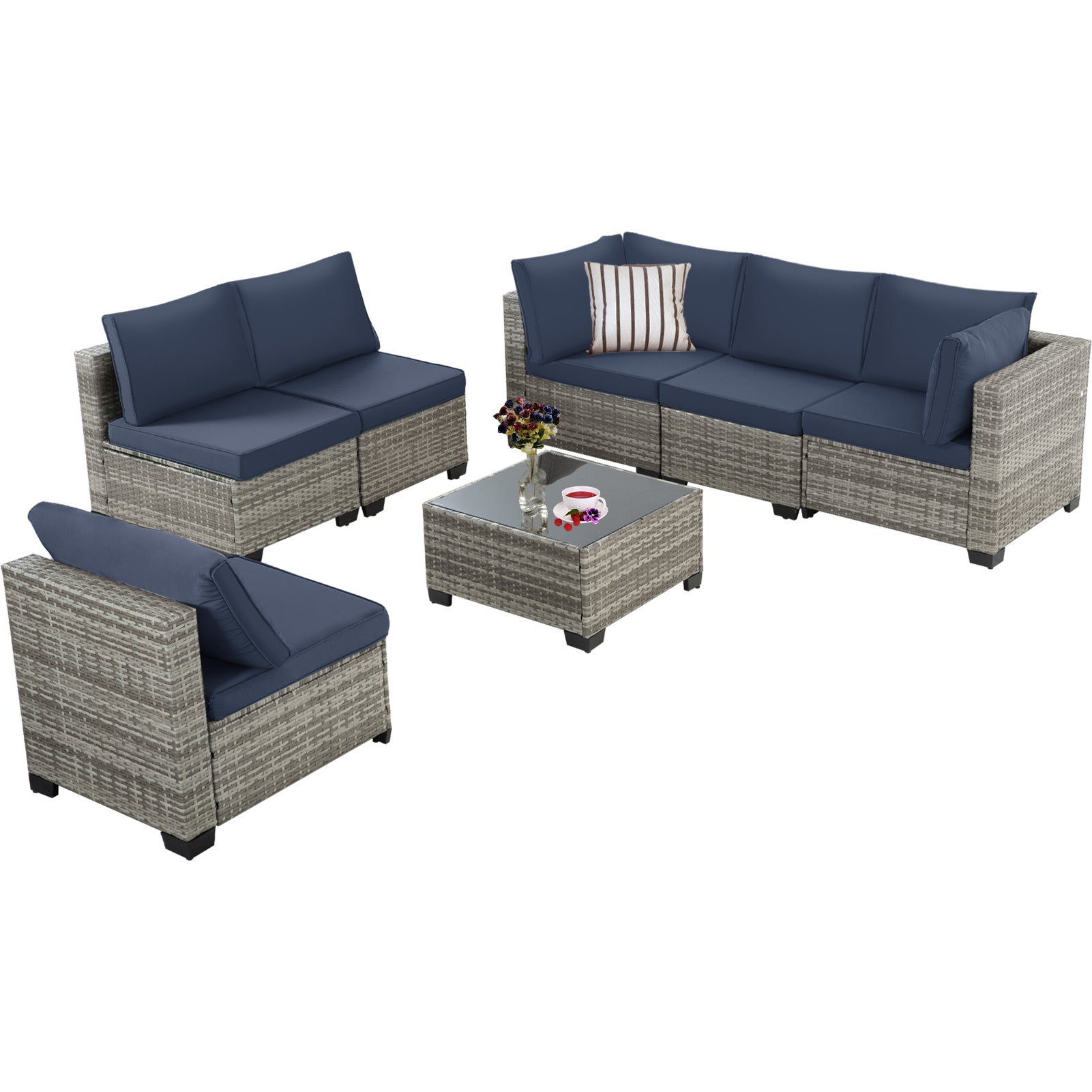 7-Piece Grey Rattan Patio Sectional Sofa Set - Weatherproof Outdoor Furniture