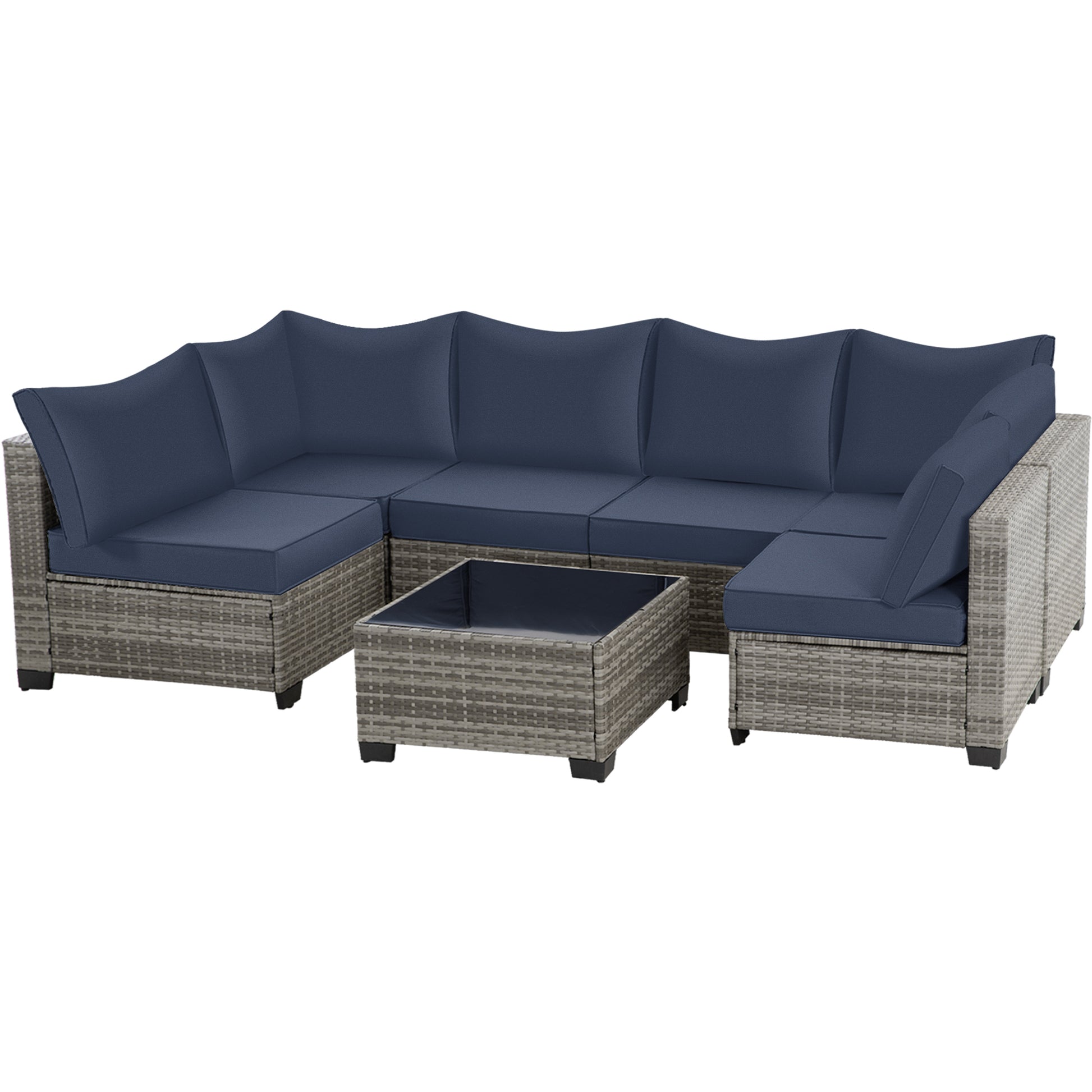 7-Piece Outdoor Patio Furniture Set, All-Weather Wicker Rattan Sectional Sofa with Thick Cushions & Glass Table, Modular Patio Conversation Furniture for Backyard, Poolside & Garden (Grey-Blue)