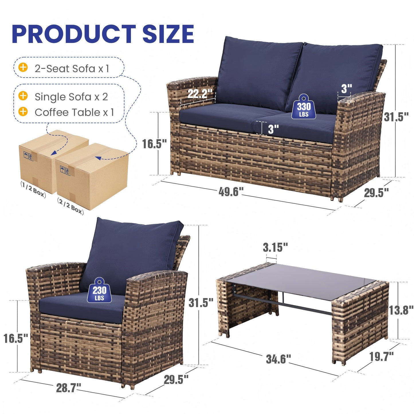 KROFEM 4-Piece Patio Sofa Set - Brown Weatherproof Rattan