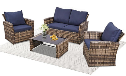 KROFEM 4-Piece Patio Furniture Set, Wicker Outdoor Rattan Sectional Sofa with Cushions and Glass Table, All-Weather Outdoor Conversation Set for Garden, Porch, Backyard, Patio (Brown-Blue)