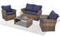 KROFEM 4-Piece Patio Furniture Set, Wicker Outdoor Rattan Sectional Sofa with Cushions and Glass Table, All-Weather Outdoor Conversation Set for Garden, Porch, Backyard, Patio (Brown-Blue)