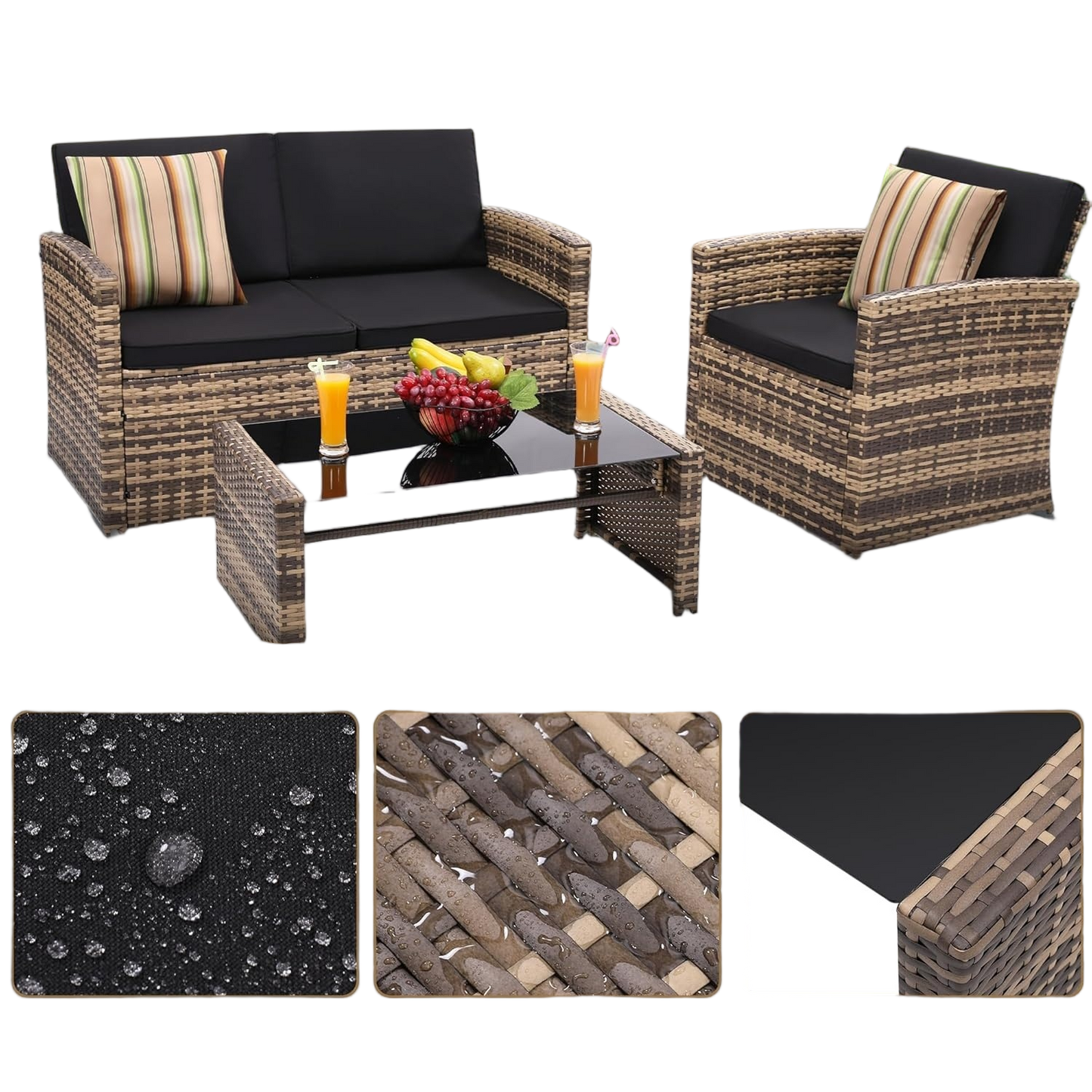 Brown Rattan Patio Sofa Set - 4 Piece Outdoor Furniture