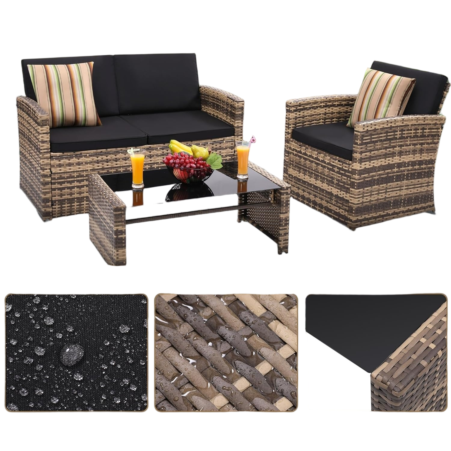 Brown Rattan Patio Sofa Set - 4 Piece Outdoor Furniture