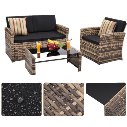 Brown Rattan Patio Sofa Set - 4 Piece Outdoor Furniture