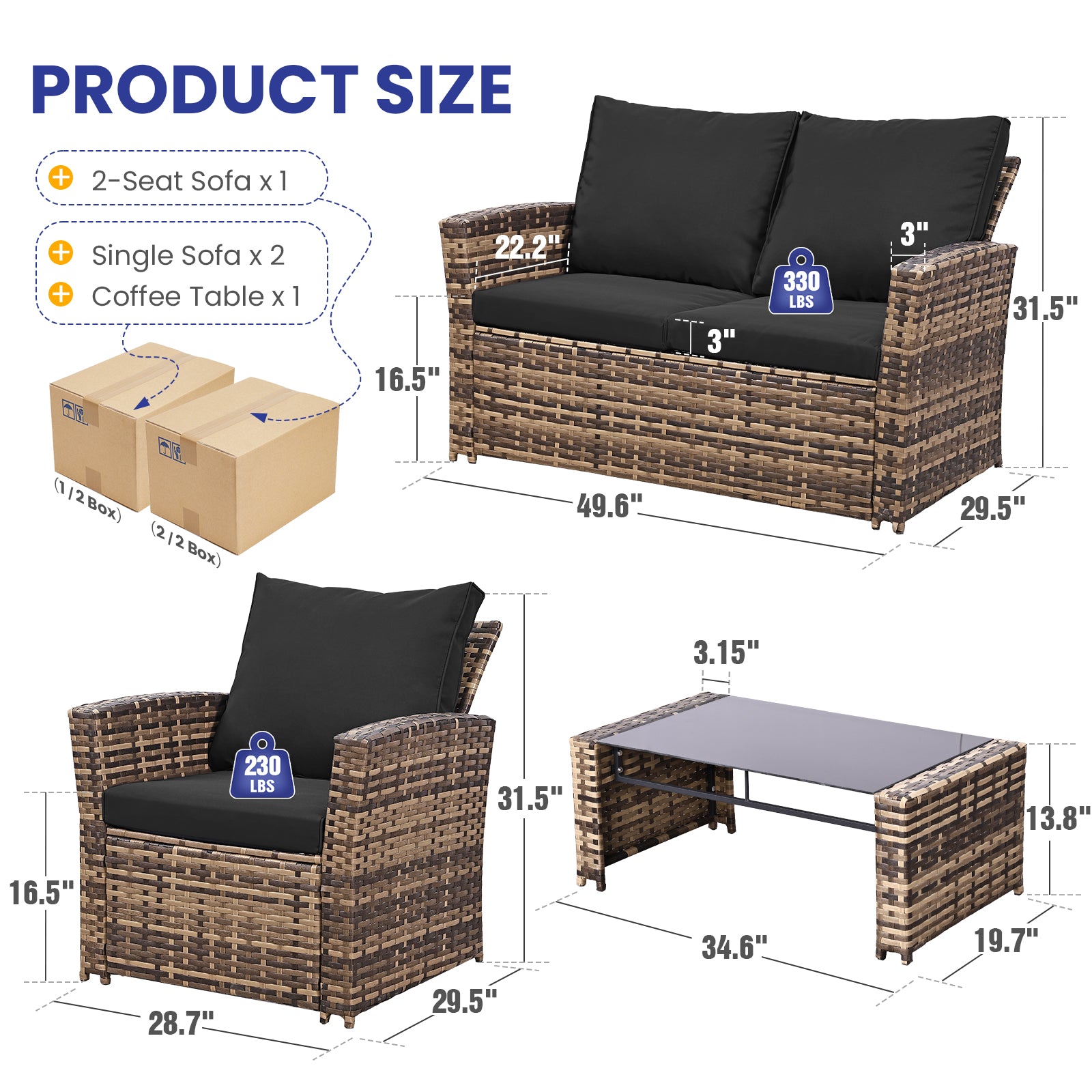 Brown Rattan Patio Sofa Set - 4 Piece Outdoor Furniture