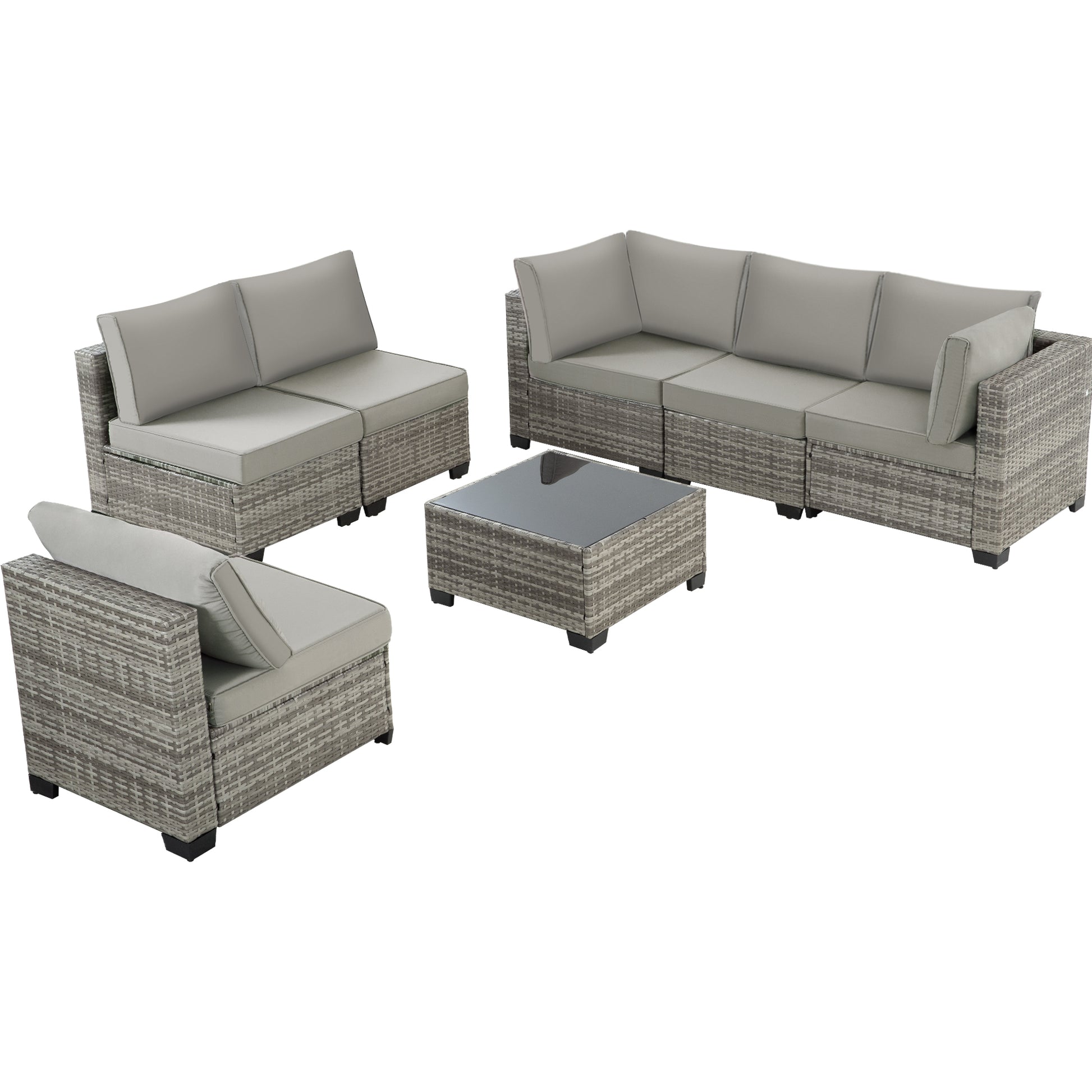 7-Piece Grey Rattan Patio Sectional Sofa Set - Outdoor Conversation Furniture