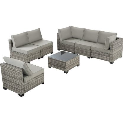 7-Piece Grey Rattan Patio Sectional Sofa Set - Outdoor Conversation Furniture