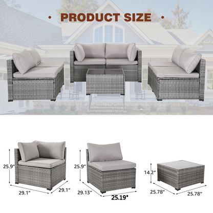 7-Piece Grey Rattan Patio Sectional Sofa Set - Outdoor Conversation Furniture