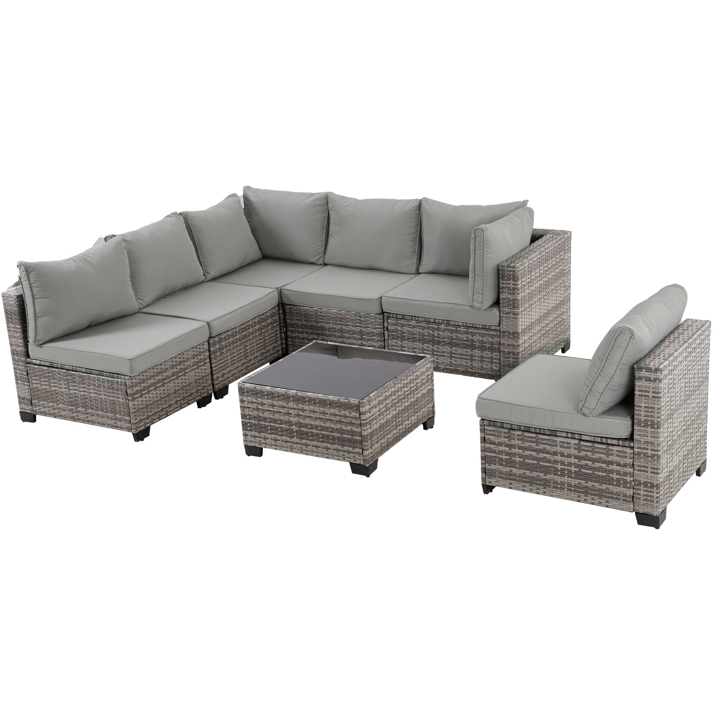 7-Piece Outdoor Patio Furniture Set, All-Weather Wicker Rattan Sectional Sofa with Thick Cushions & Glass Table, Modular Patio Conversation Furniture for Backyard, Poolside & Garden (Grey-Grey)