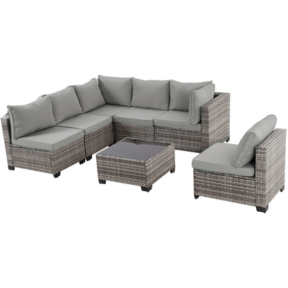 7-Piece Outdoor Patio Furniture Set, All-Weather Wicker Rattan Sectional Sofa with Thick Cushions & Glass Table, Modular Patio Conversation Furniture for Backyard, Poolside & Garden (Grey-Grey)