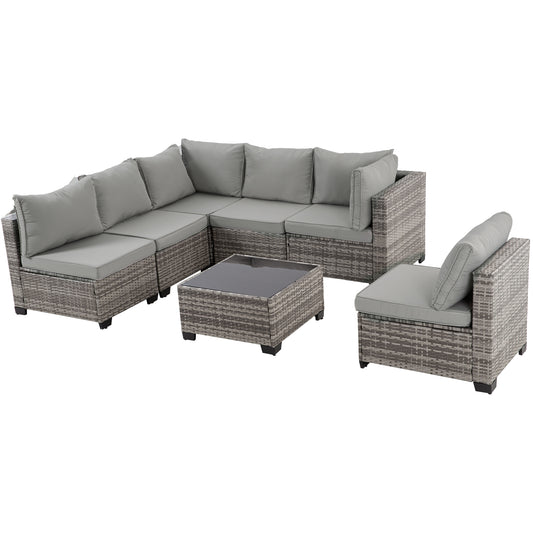 7-Piece Outdoor Patio Furniture Set, All-Weather Wicker Rattan Sectional Sofa with Thick Cushions & Glass Table, Modular Patio Conversation Furniture for Backyard, Poolside & Garden (Grey-Grey)