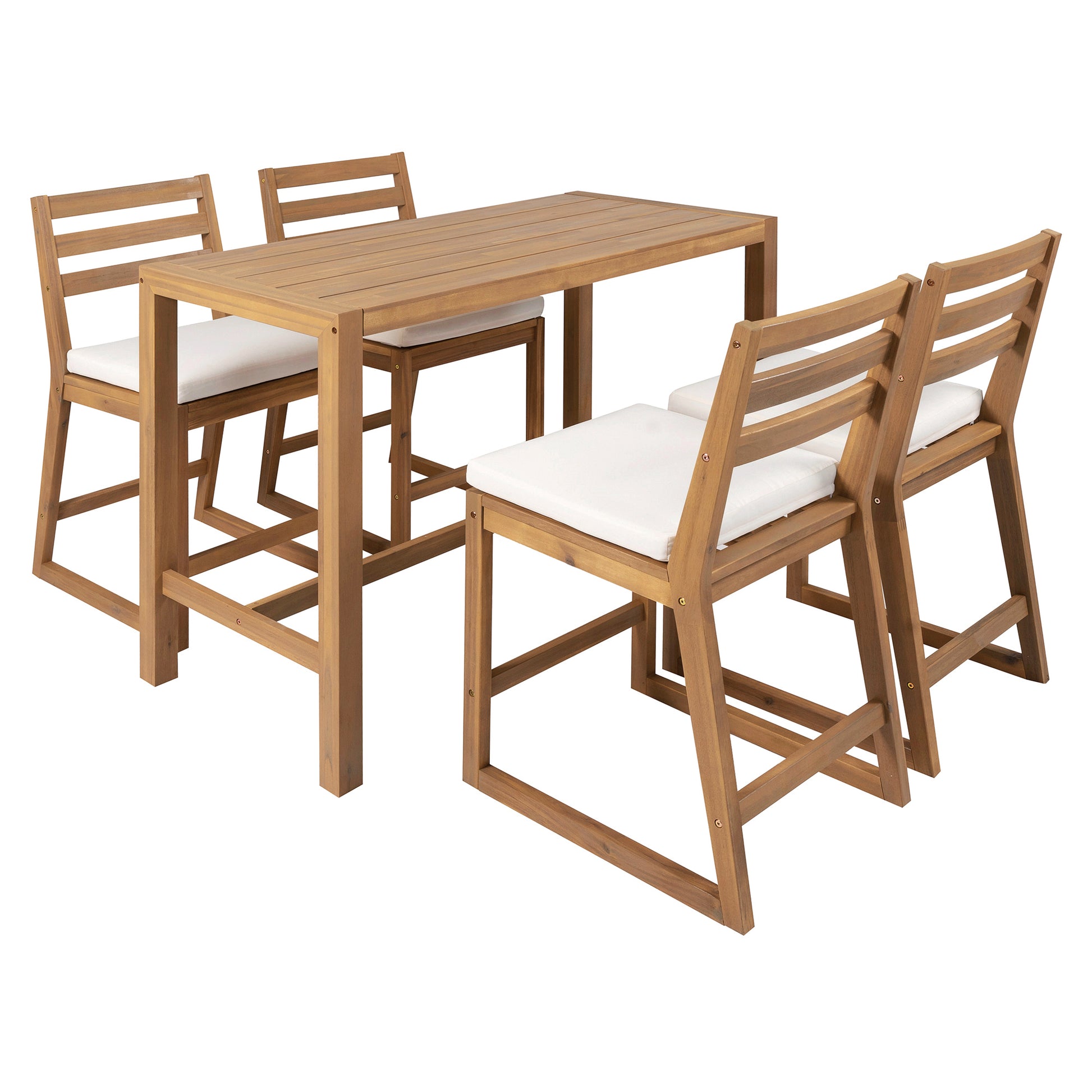 Light Teak Acacia Wood Patio Bar Set - 5 Piece Outdoor Table & Chairs