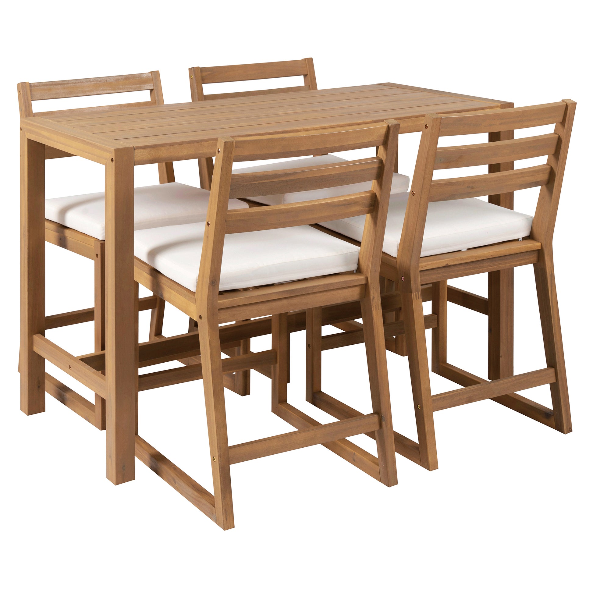 Light Teak Acacia Wood Patio Bar Set - 5 Piece Outdoor Table & Chairs
