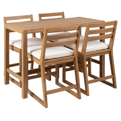 Light Teak Acacia Wood Patio Bar Set - 5 Piece Outdoor Table & Chairs