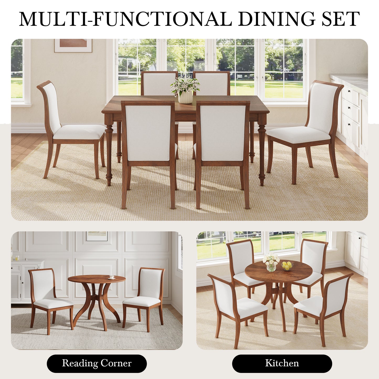 White Walnut Dining Table Set - 39.4" Round Table with 2 Chairs