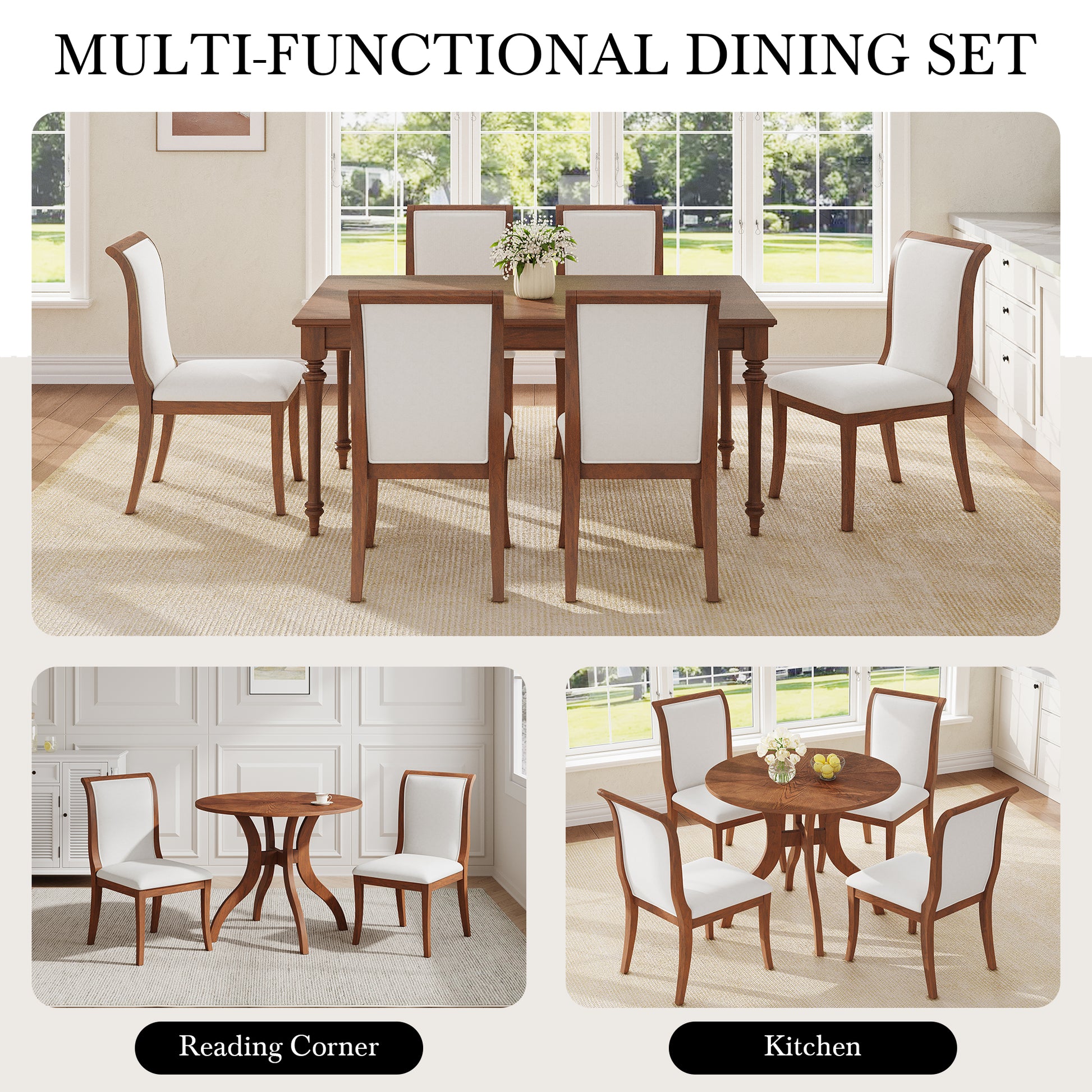 White Walnut Dining Table Set - 39.4" Round Table with 2 Chairs