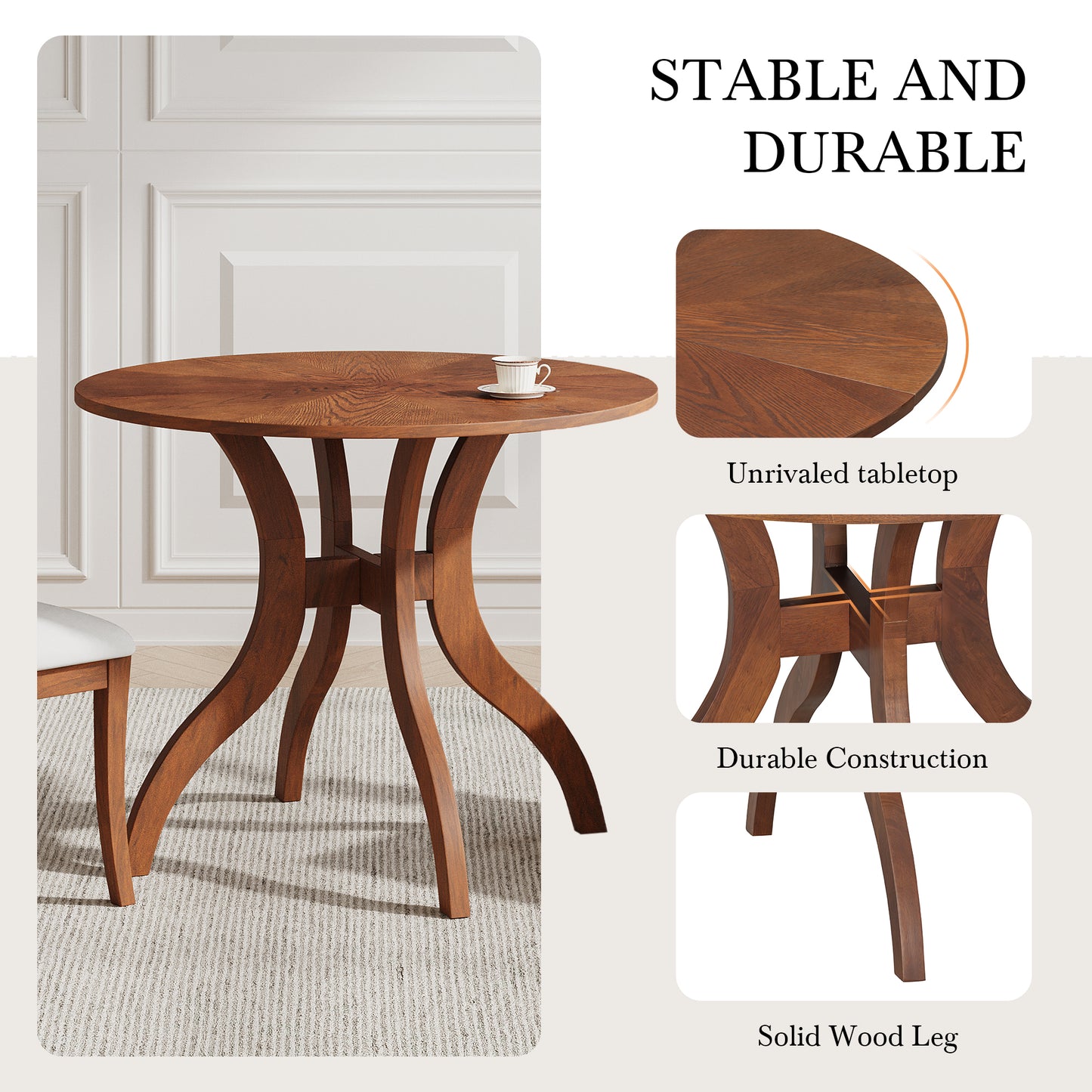 White Walnut Dining Table Set - 39.4" Round Table with 2 Chairs