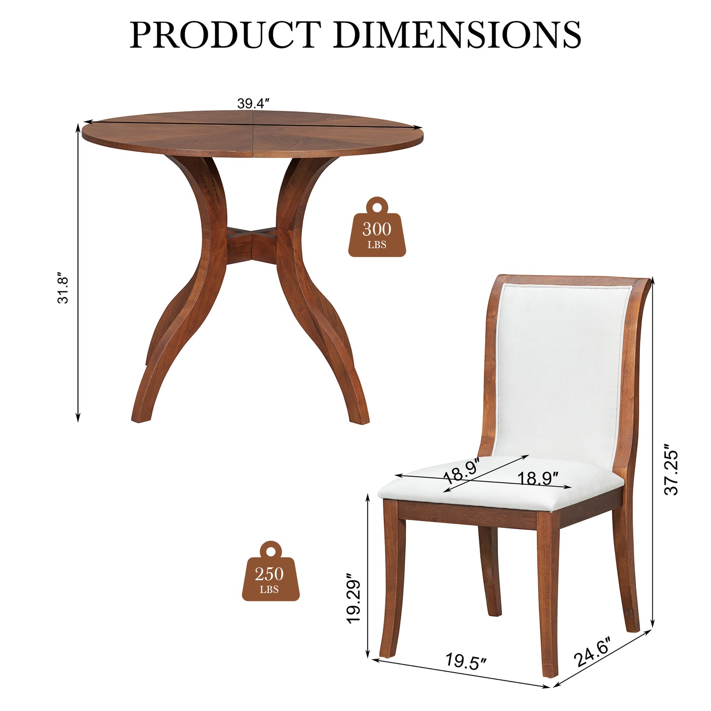 White Walnut Dining Table Set - 39.4" Round Table with 2 Chairs