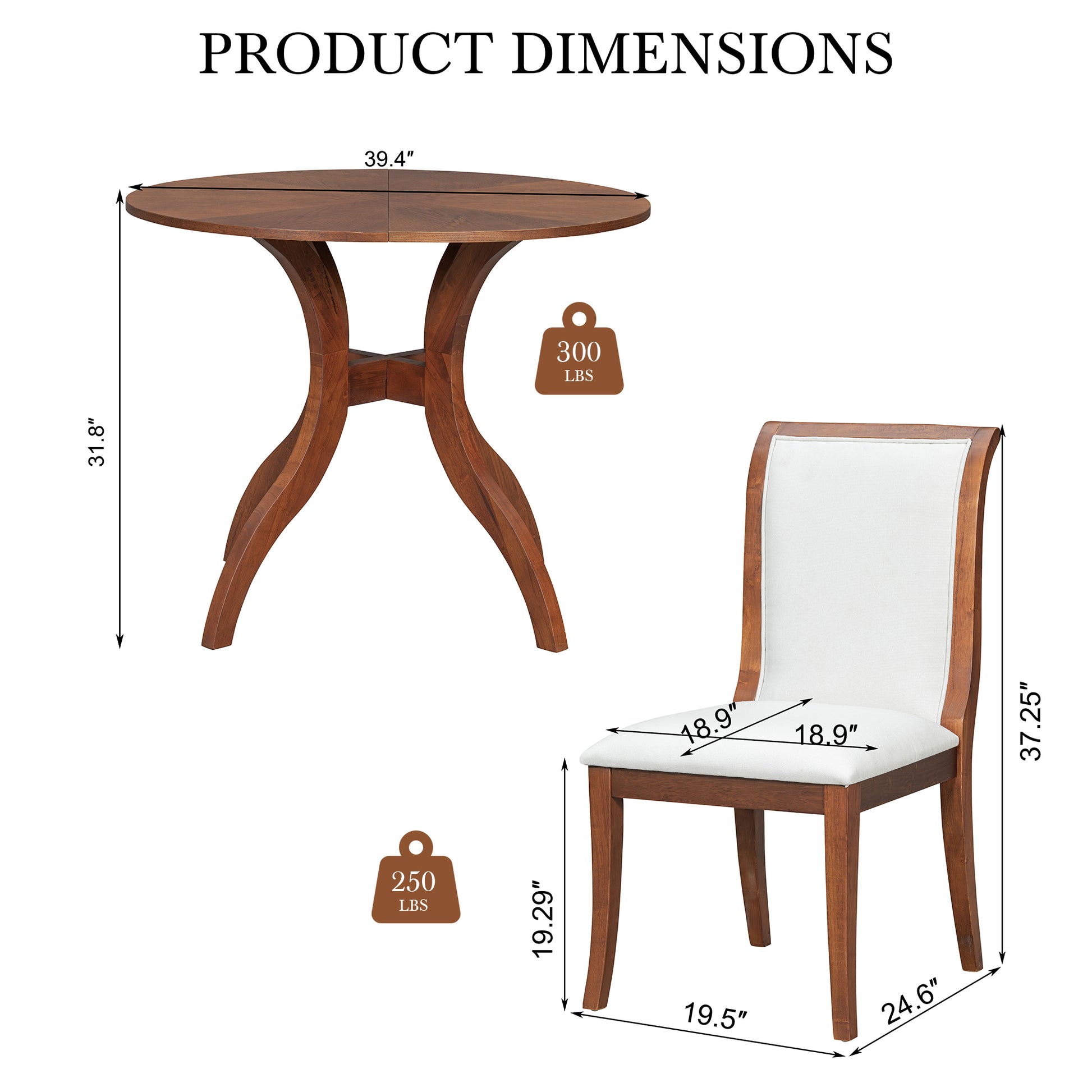 White Walnut Dining Table Set - 39.4" Round Table with 2 Chairs