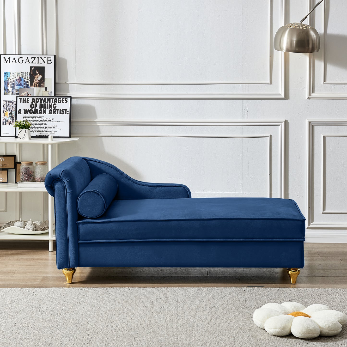 Navy Blue Velvet Chaise Lounge - Storage Sofa Chair