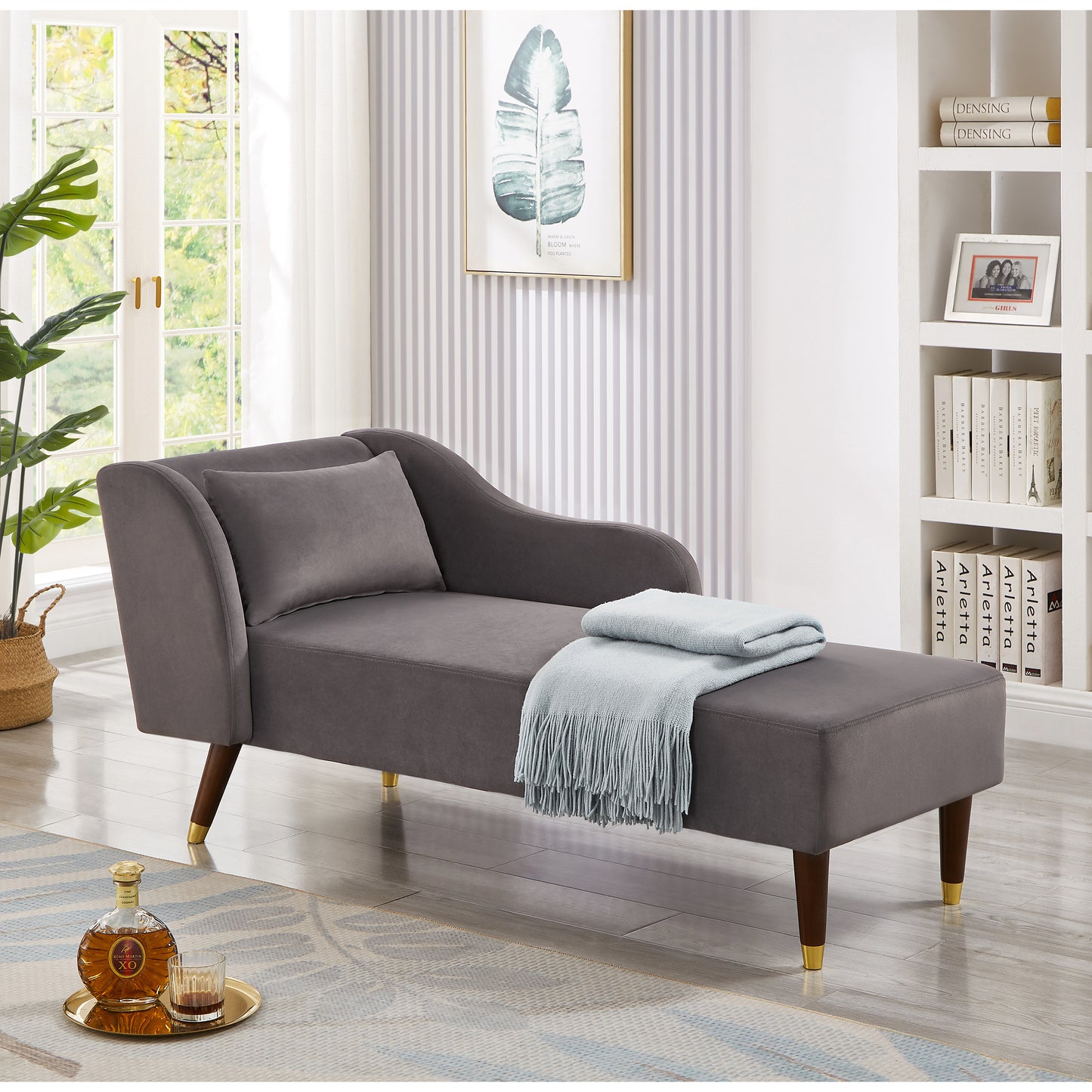 Grey Velvet Chaise Lounge Chair - Comfortable Seat for Living Room