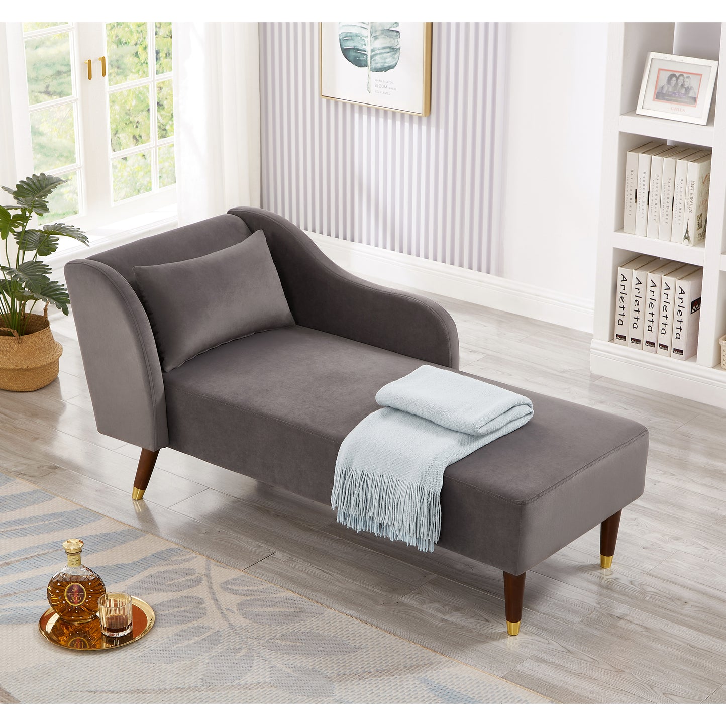 Grey Velvet Chaise Lounge Chair - Comfortable Seat for Living Room
