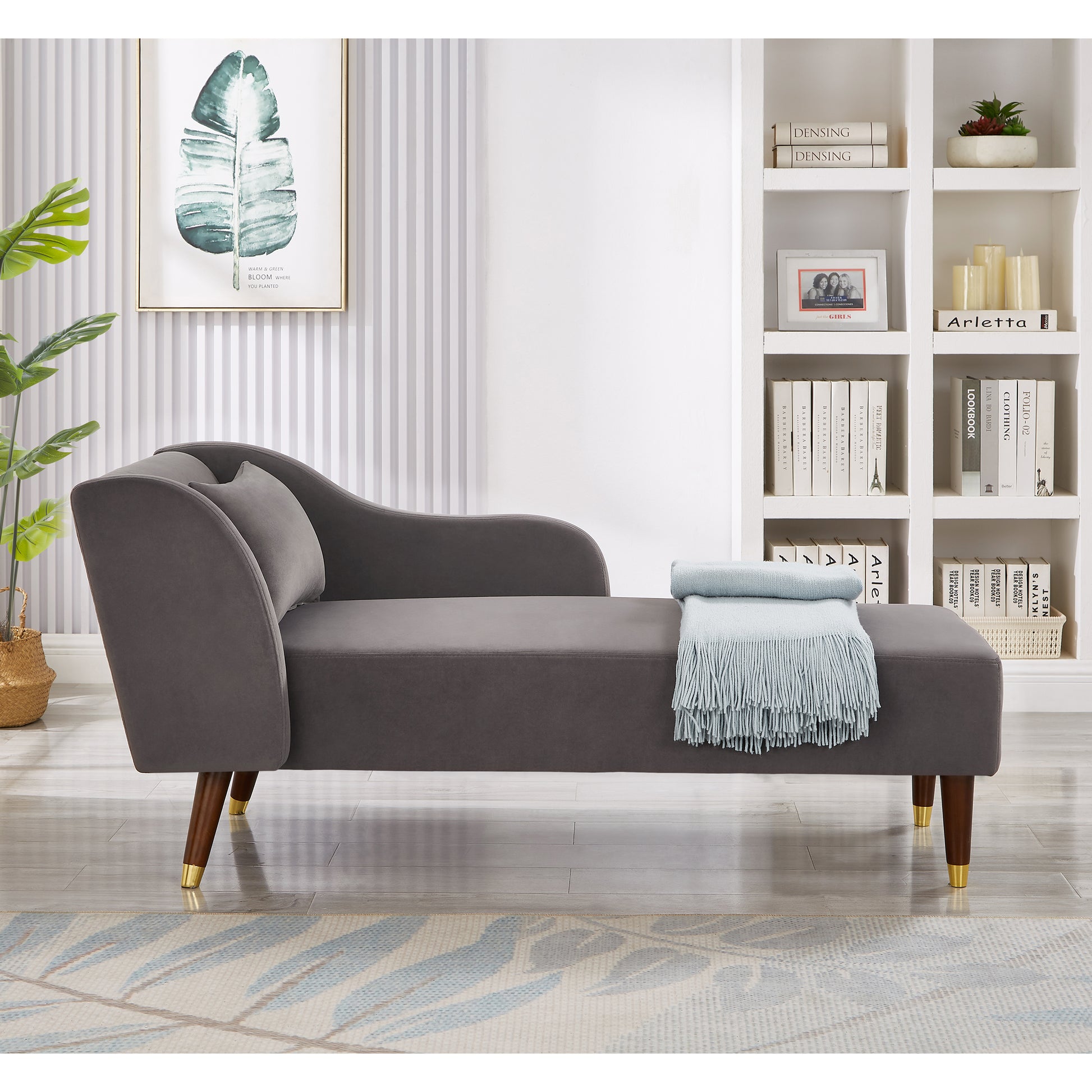 Grey Velvet Chaise Lounge Chair - Comfortable Seat for Living Room