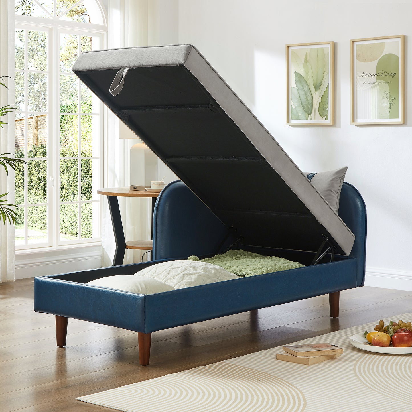 65" Blue Grey Velvet Storage Sofa - One Seat