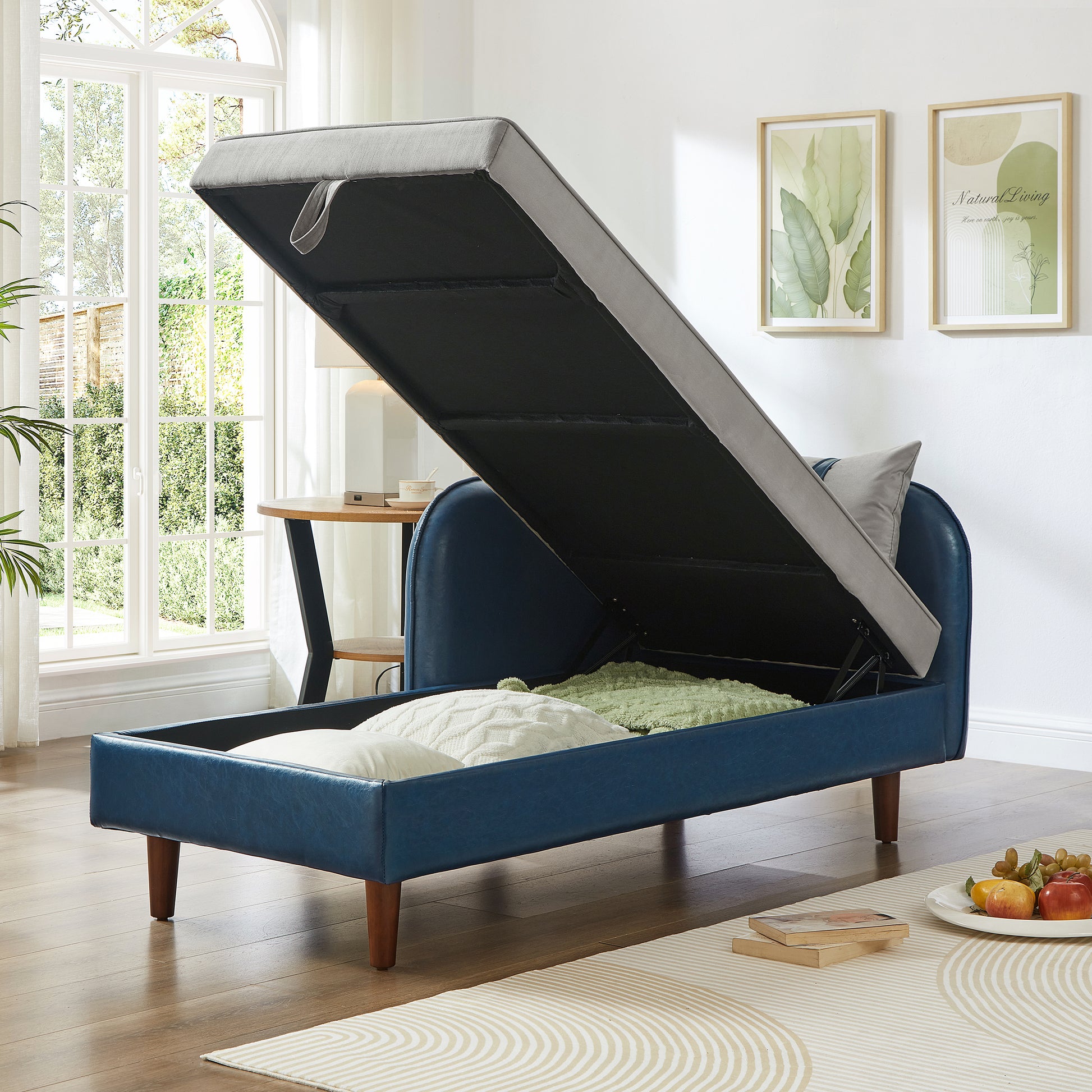 65" Blue Grey Velvet Storage Sofa - One Seat