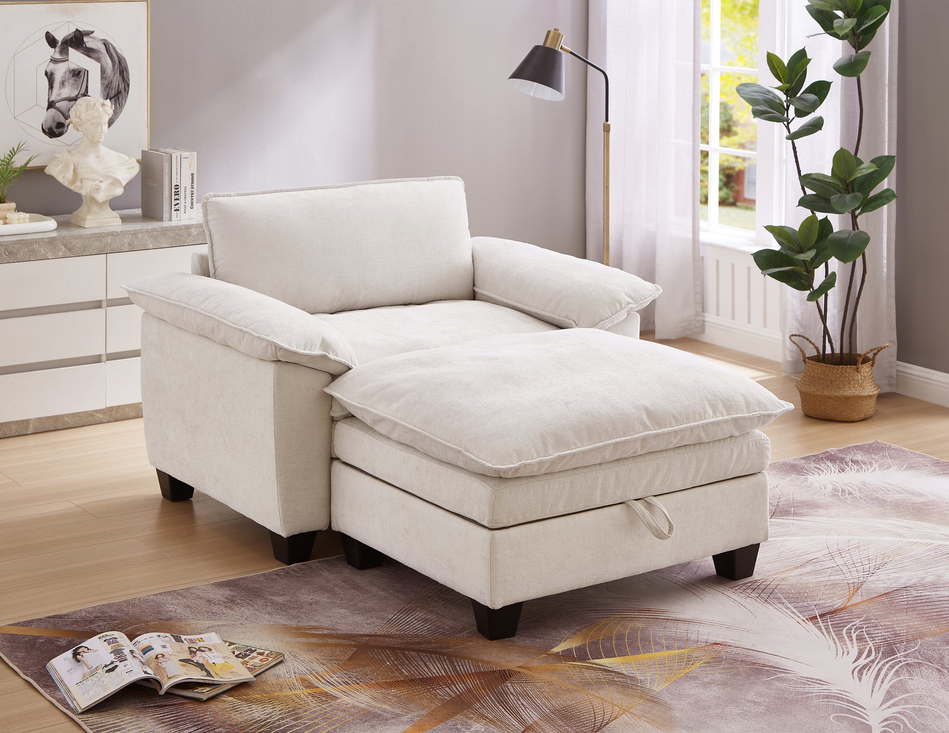 Beige Chenille Ottoman Sofa with Storage Seat for Living Room