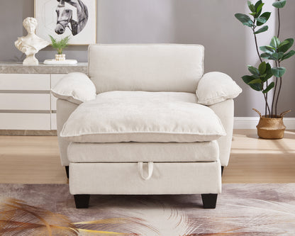 Beige Chenille Ottoman Sofa with Storage Seat for Living Room