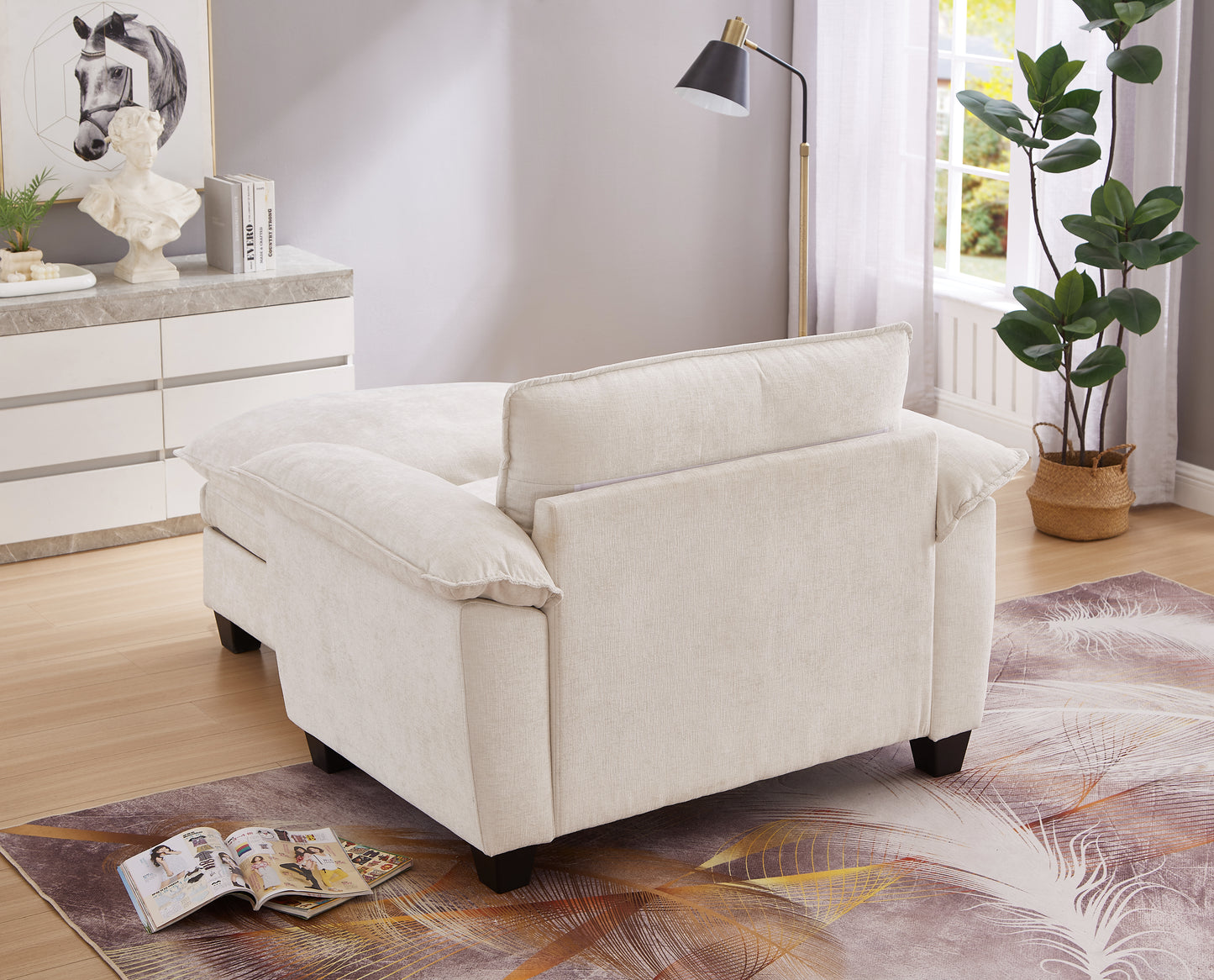 Beige Chenille Ottoman Sofa with Storage Seat for Living Room