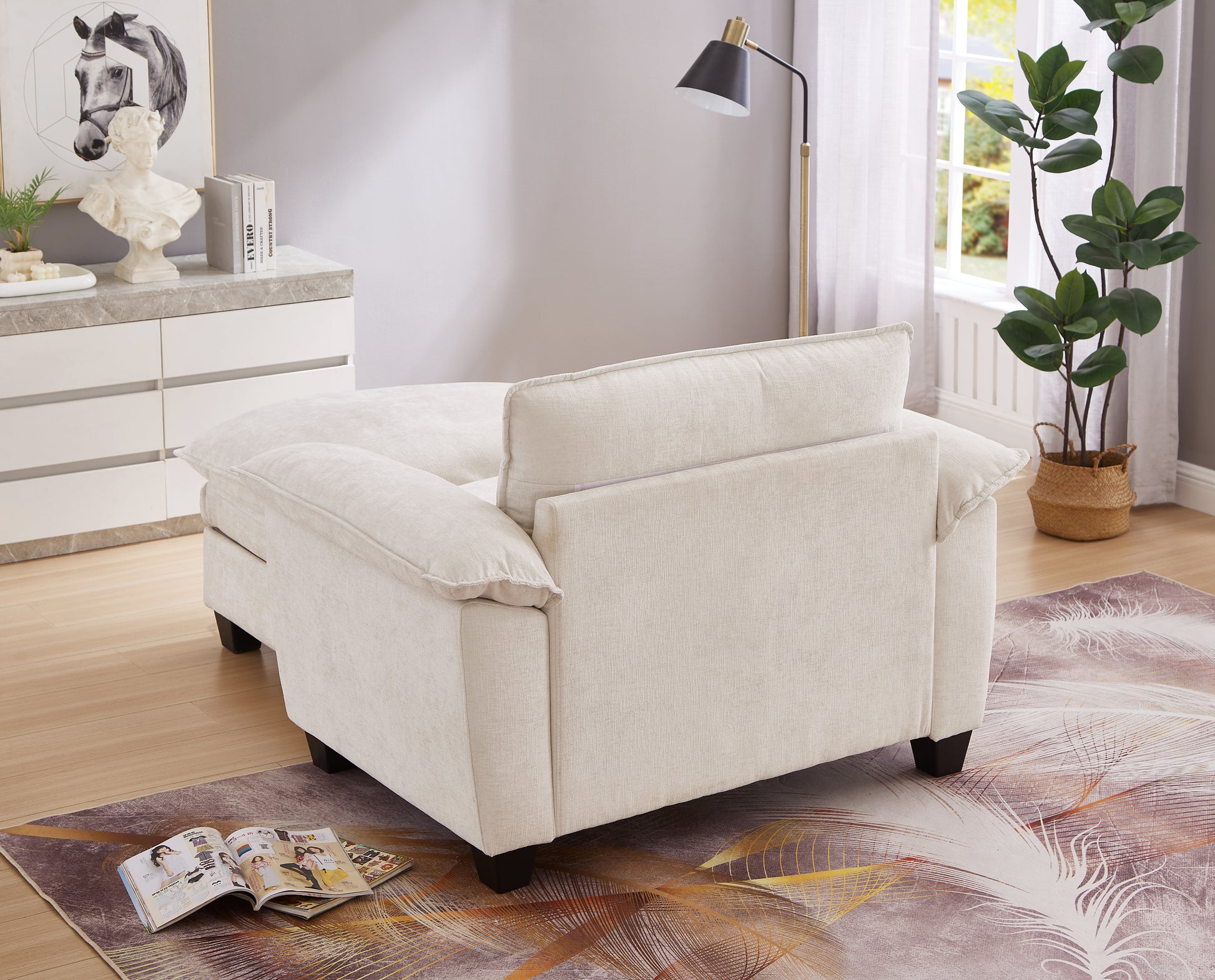 Beige Chenille Ottoman Sofa with Storage Seat for Living Room